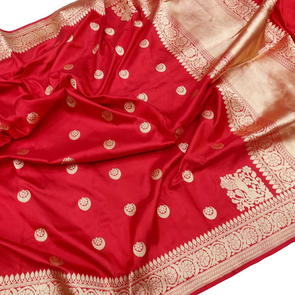 Elegant Red Handloom Banarasi Pure Katan Silk Chand Booti Design Saree - Luxurion World