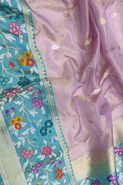 Purple Handloom Banarasi Pure Tissue Flower Design Meenakari Saree - Luxurion World