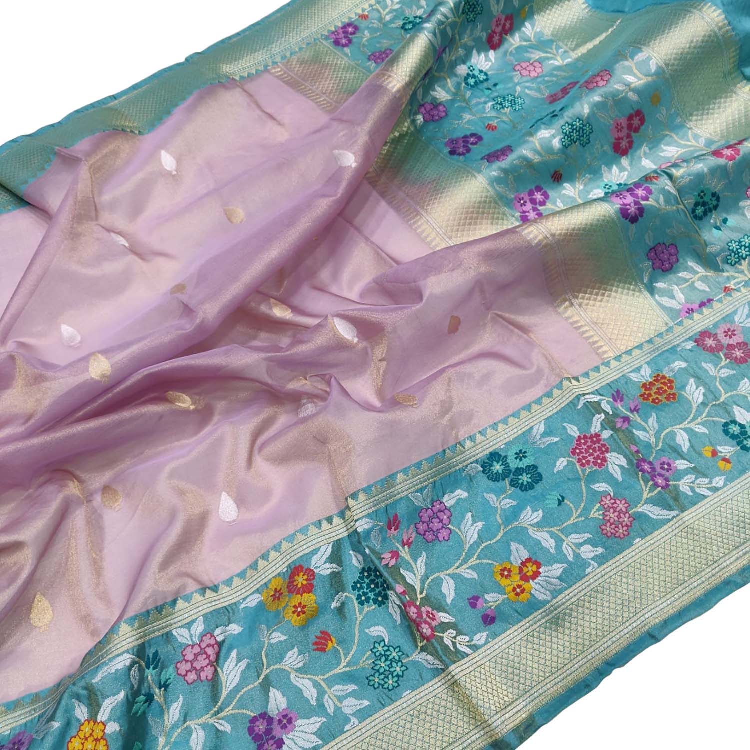 Purple Handloom Banarasi Pure Tissue Flower Design Meenakari Saree - Luxurion World