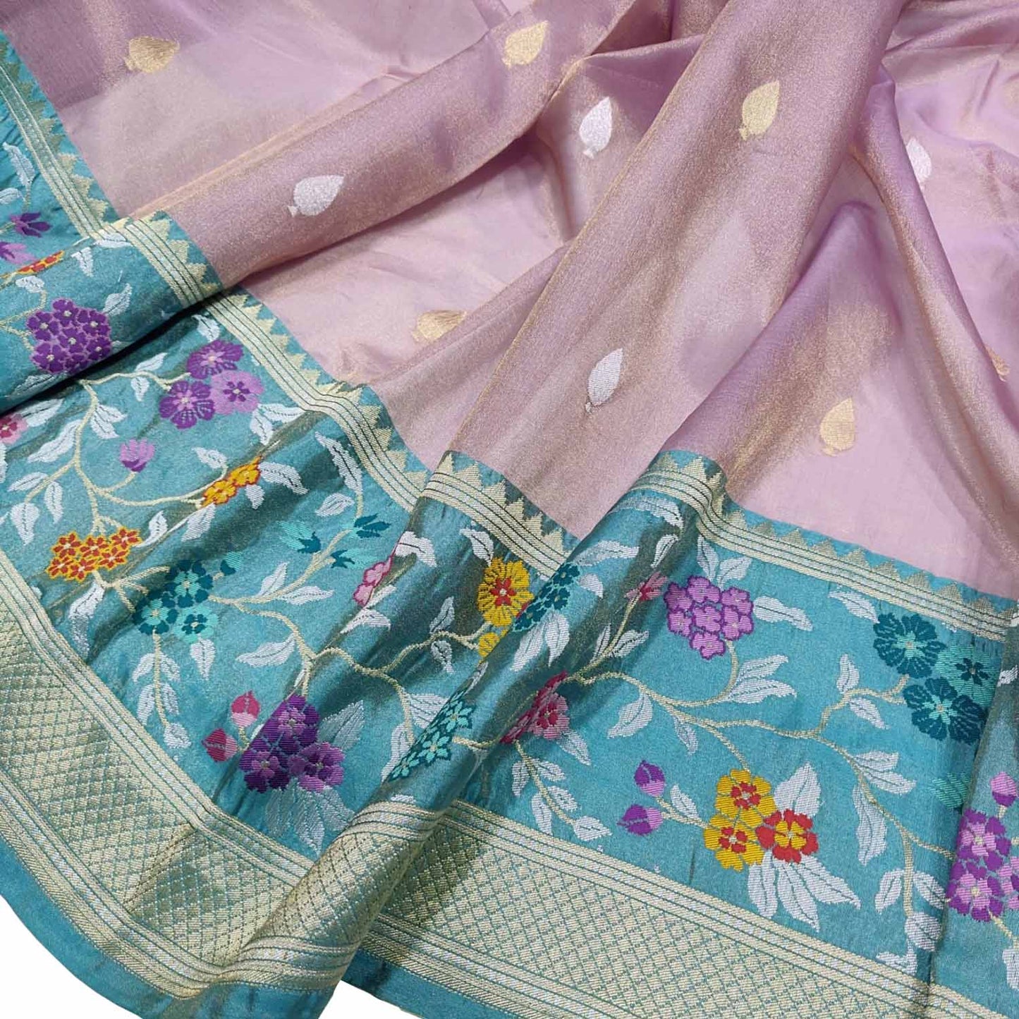 Purple Handloom Banarasi Pure Tissue Flower Design Meenakari Saree - Luxurion World