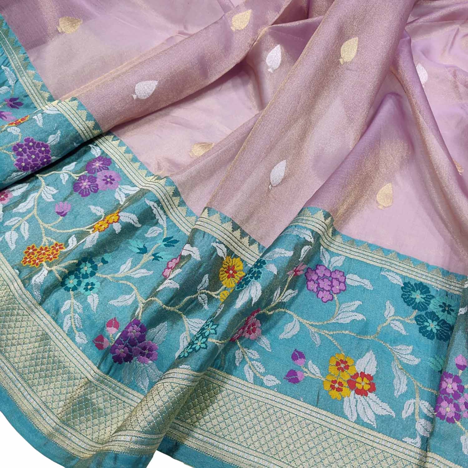 Purple Handloom Banarasi Pure Tissue Flower Design Meenakari Saree - Luxurion World