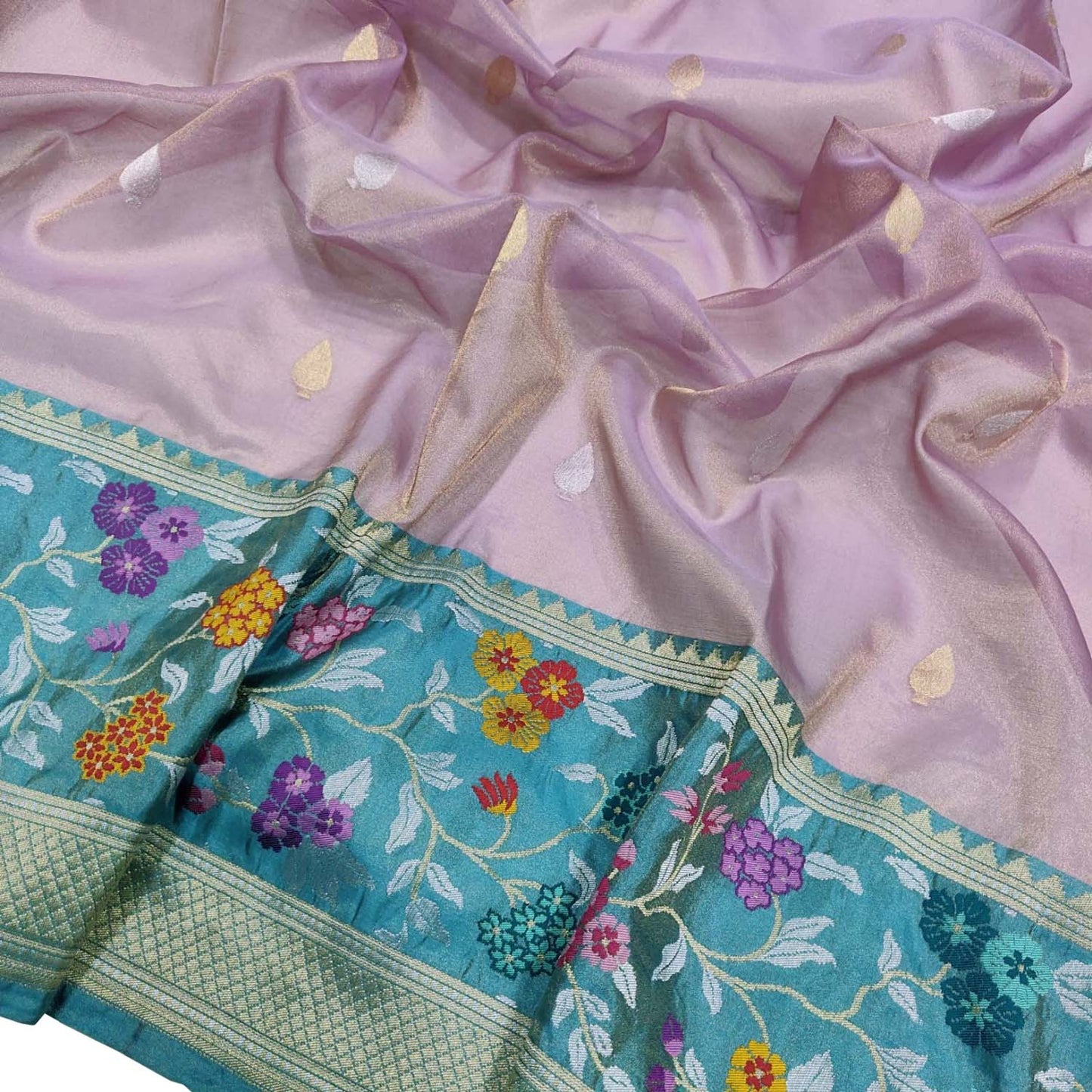 Purple Handloom Banarasi Pure Tissue Flower Design Meenakari Saree - Luxurion World