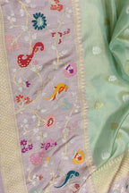 Green Handloom Banarasi Pure Tissue Flower Design Meenakari Saree - Luxurion World