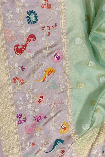 Green Handloom Banarasi Pure Tissue Flower Design Meenakari Saree - Luxurion World