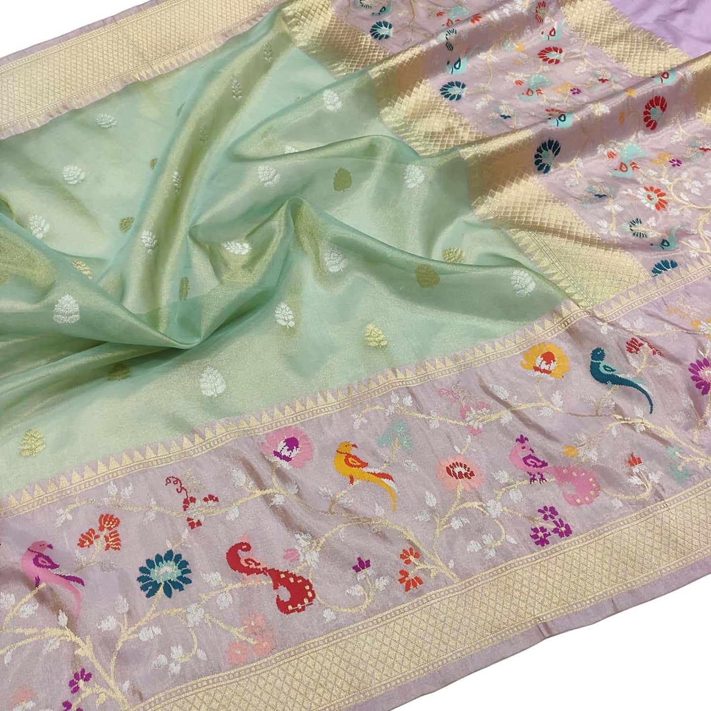 Green Handloom Banarasi Pure Tissue Flower Design Meenakari Saree - Luxurion World