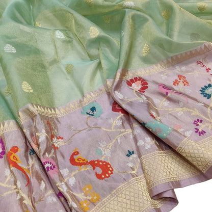 Green Handloom Banarasi Pure Tissue Flower Design Meenakari Saree - Luxurion World