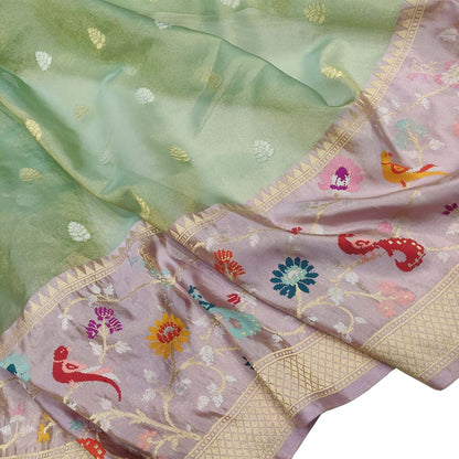 Green Handloom Banarasi Pure Tissue Flower Design Meenakari Saree - Luxurion World