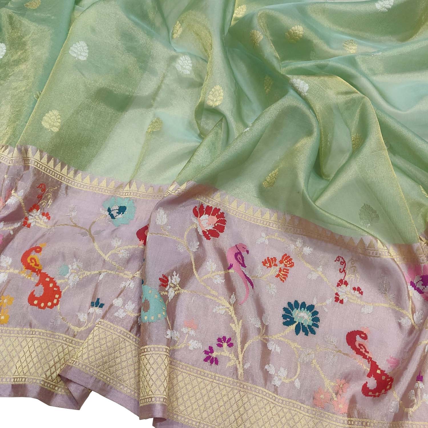 Green Handloom Banarasi Pure Tissue Flower Design Meenakari Saree - Luxurion World