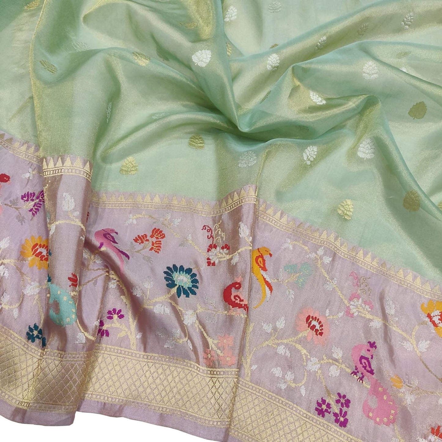 Green Handloom Banarasi Pure Tissue Flower Design Meenakari Saree - Luxurion World