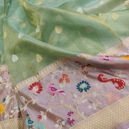 Green Handloom Banarasi Pure Tissue Flower Design Meenakari Saree - Luxurion World