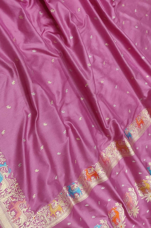 Pink Handloom Banarasi Pure Katan Silk Animal Design Meenakari Saree - Luxurion World