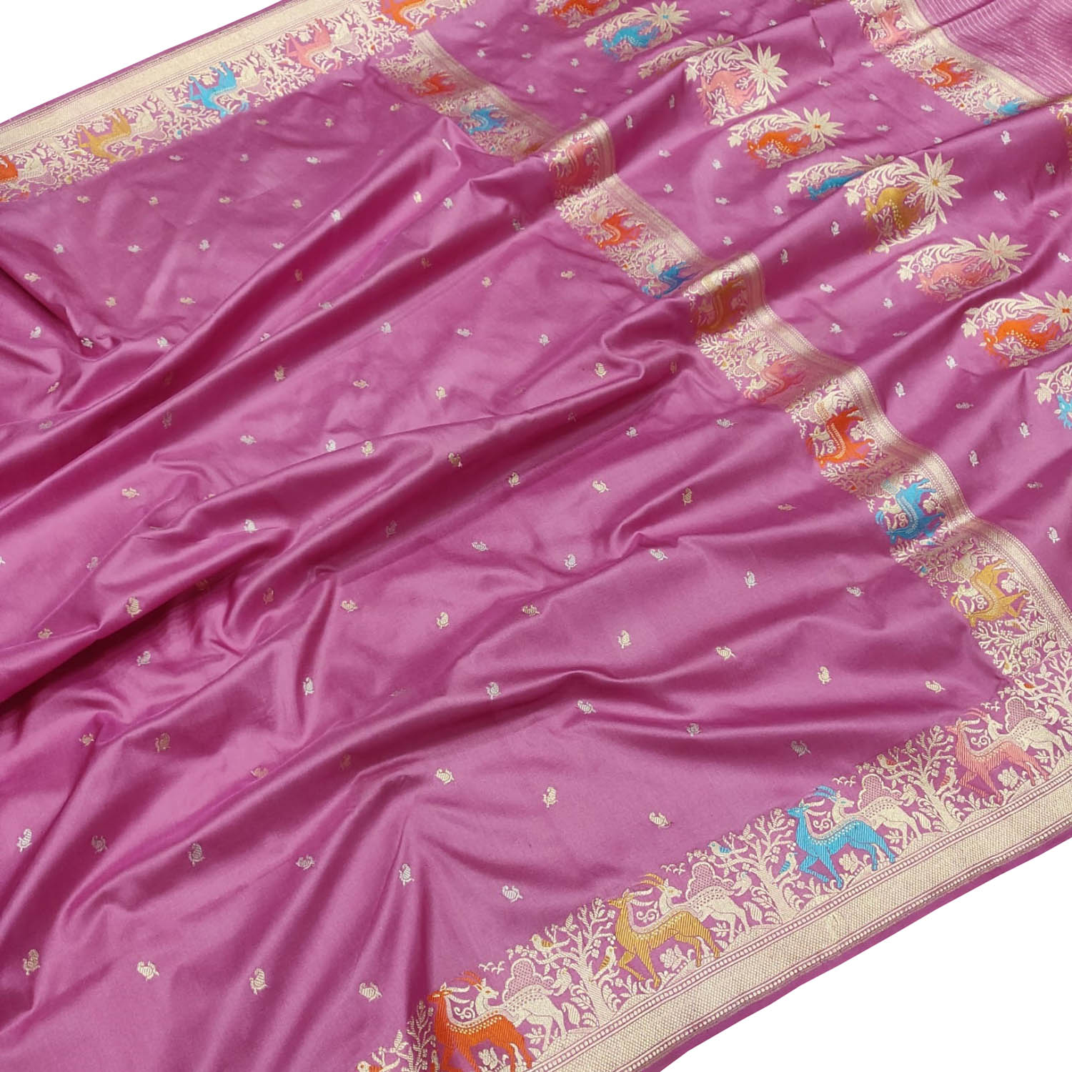 Pink Handloom Banarasi Pure Katan Silk Animal Design Meenakari Saree - Luxurion World