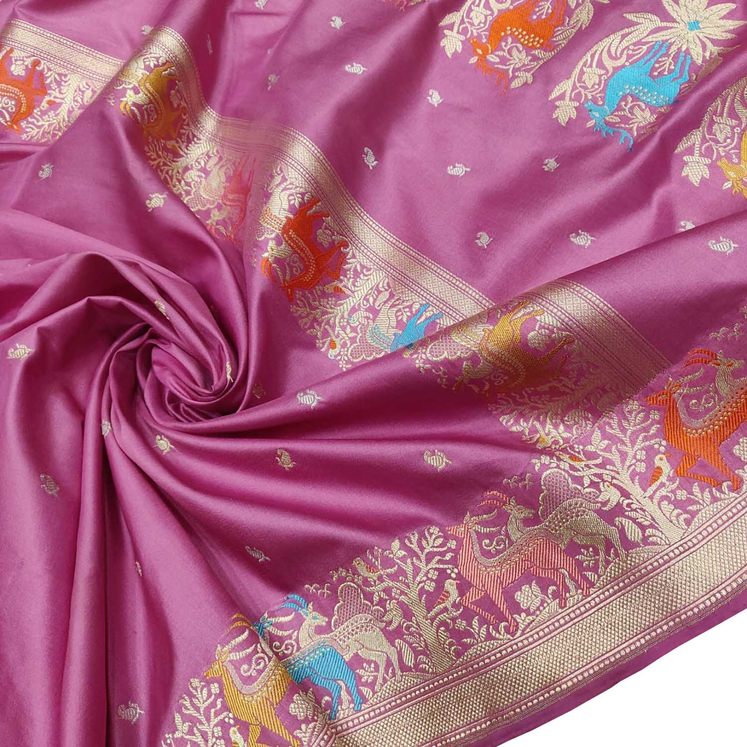 Pink Handloom Banarasi Pure Katan Silk Animal Design Meenakari Saree - Luxurion World