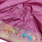 Pink Handloom Banarasi Pure Katan Silk Animal Design Meenakari Saree - Luxurion World