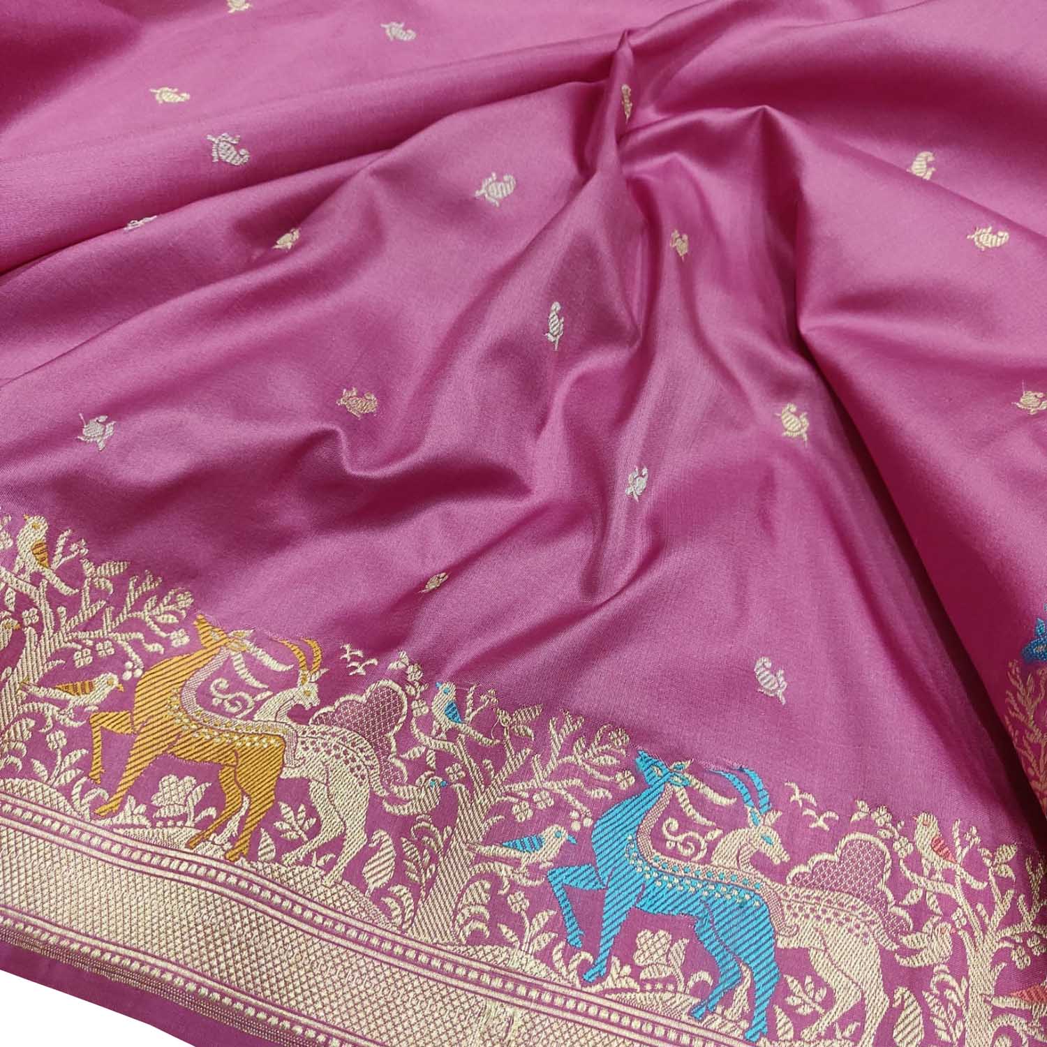 Pink Handloom Banarasi Pure Katan Silk Animal Design Meenakari Saree - Luxurion World