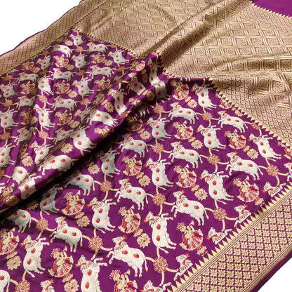 Purple Handloom Banarasi Pure Katan Silk Cow Design Saree - Luxurion World