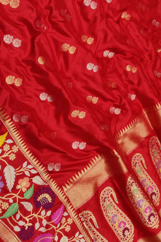 Red Handloom Banarasi Pure Katan Silk Flower Design Meenakari Saree - Luxurion World