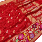 Red Handloom Banarasi Pure Katan Silk Flower Design Meenakari Saree - Luxurion World