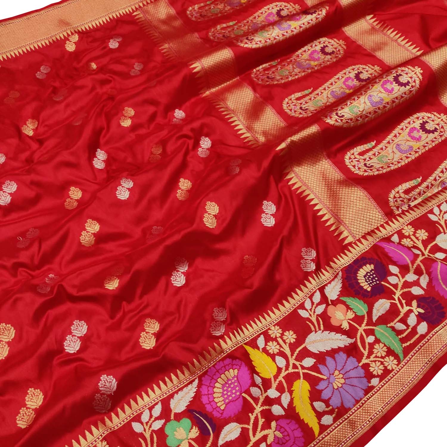 Red Handloom Banarasi Pure Katan Silk Flower Design Meenakari Saree - Luxurion World