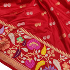 Red Handloom Banarasi Pure Katan Silk Flower Design Meenakari Saree - Luxurion World
