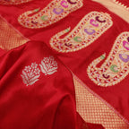 Red Handloom Banarasi Pure Katan Silk Flower Design Meenakari Saree - Luxurion World