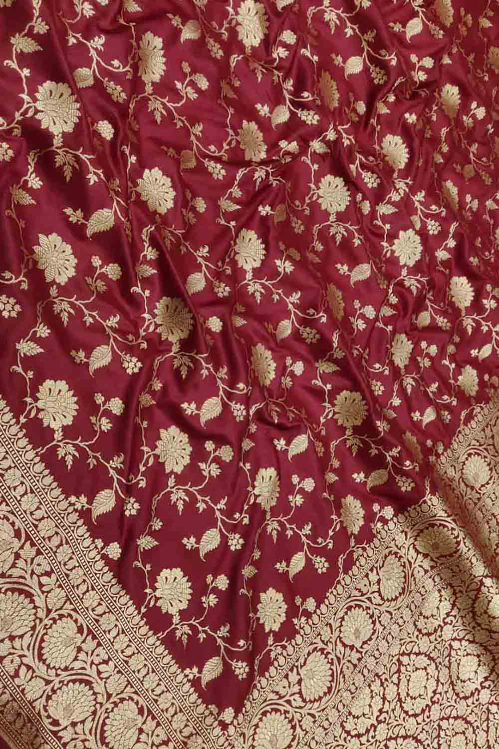 Maroon Handloom Banarasi Pure Katan Silk Flower Design Jaal Work Saree - Luxurion World