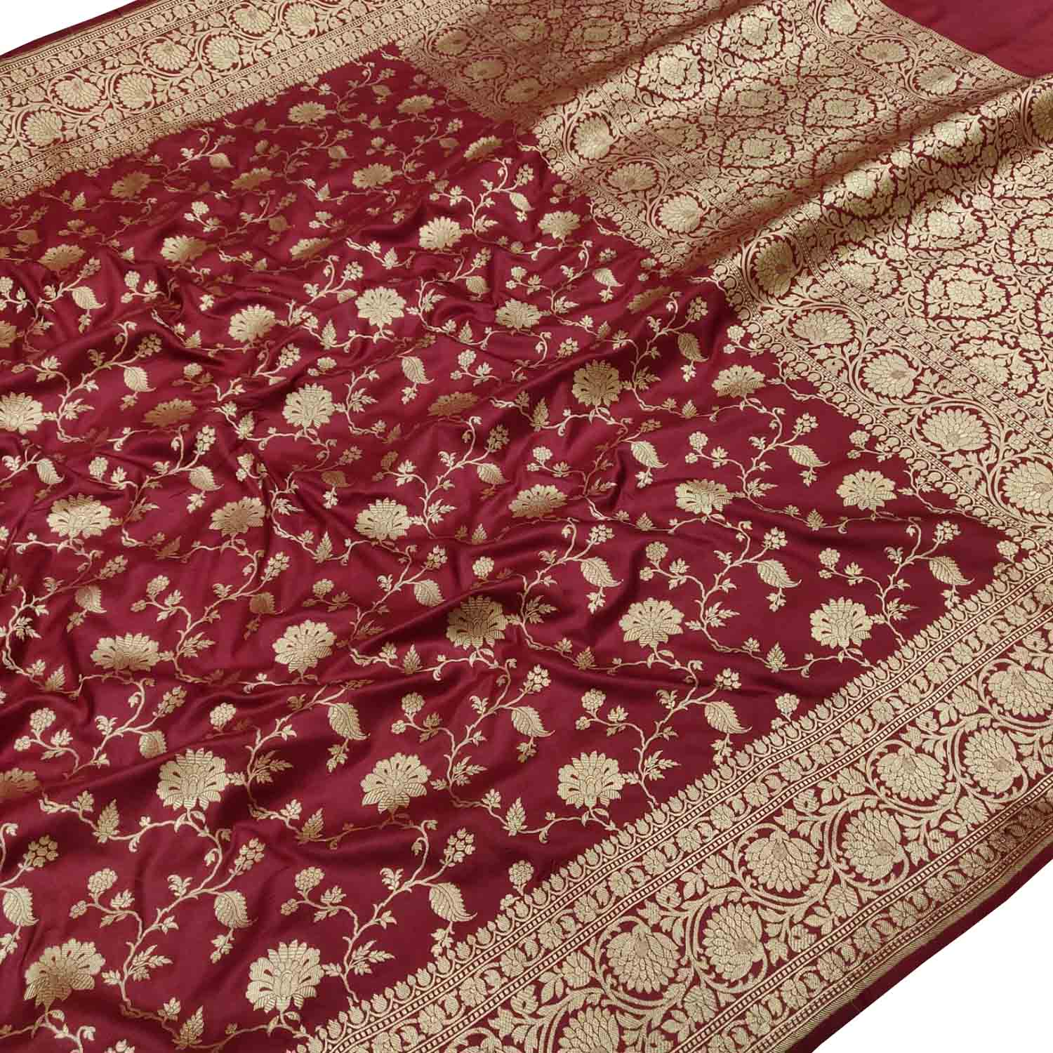 Maroon Handloom Banarasi Pure Katan Silk Flower Design Jaal Work Saree - Luxurion World