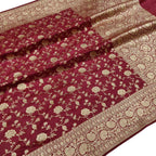 Maroon Handloom Banarasi Pure Katan Silk Flower Design Jaal Work Saree - Luxurion World