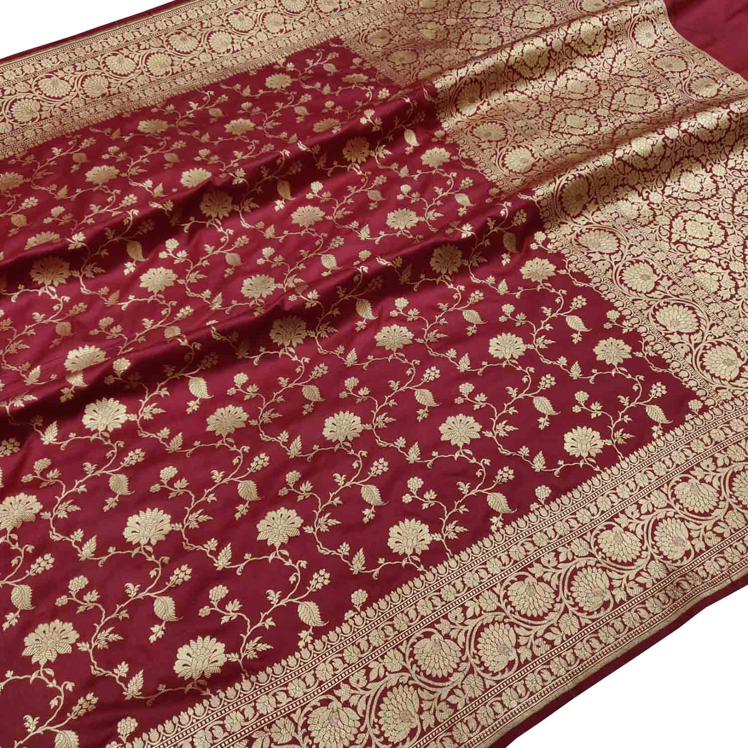 Maroon Handloom Banarasi Pure Katan Silk Flower Design Jaal Work Saree - Luxurion World