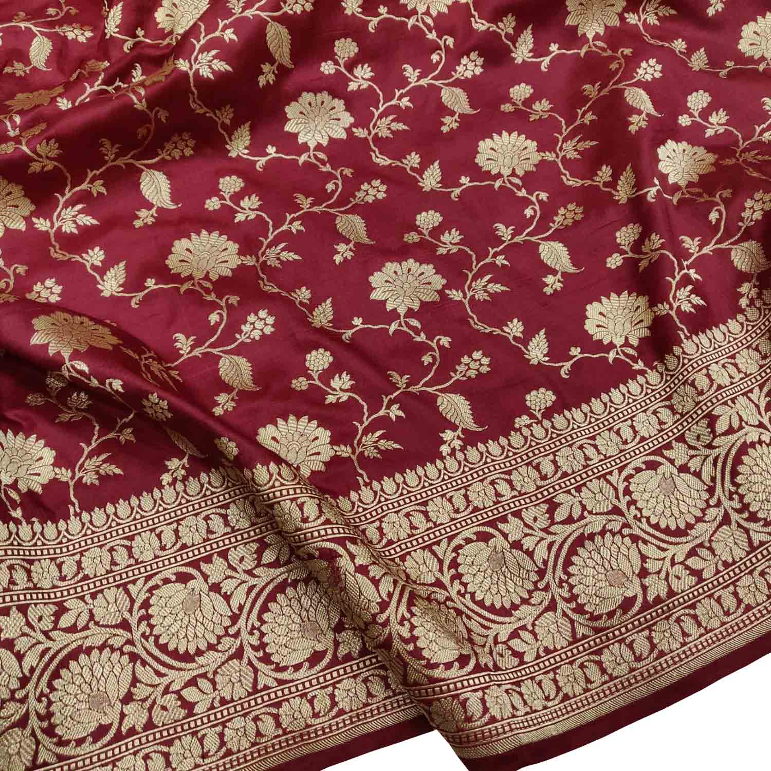 Maroon Handloom Banarasi Pure Katan Silk Flower Design Jaal Work Saree - Luxurion World