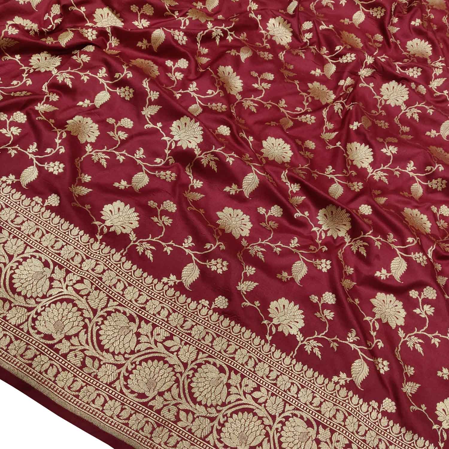 Maroon Handloom Banarasi Pure Katan Silk Flower Design Jaal Work Saree - Luxurion World