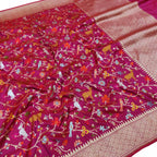 Pink Handloom Banarasi Pure Katan Silk Animal , Bird & Flower Design Saree - Luxurion World