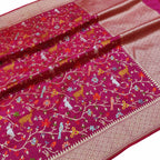 Pink Handloom Banarasi Pure Katan Silk Animal , Bird & Flower Design Saree - Luxurion World