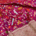 Pink Handloom Banarasi Pure Katan Silk Animal , Bird & Flower Design Saree - Luxurion World