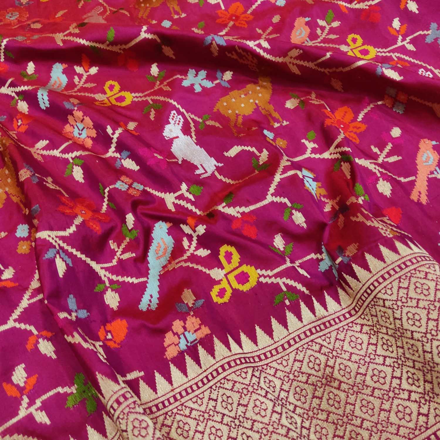 Pink Handloom Banarasi Pure Katan Silk Animal , Bird & Flower Design Saree - Luxurion World