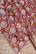 Maroon Handloom Banarasi Pure Katan Silk Leaf & Flower Design Saree - Luxurion World