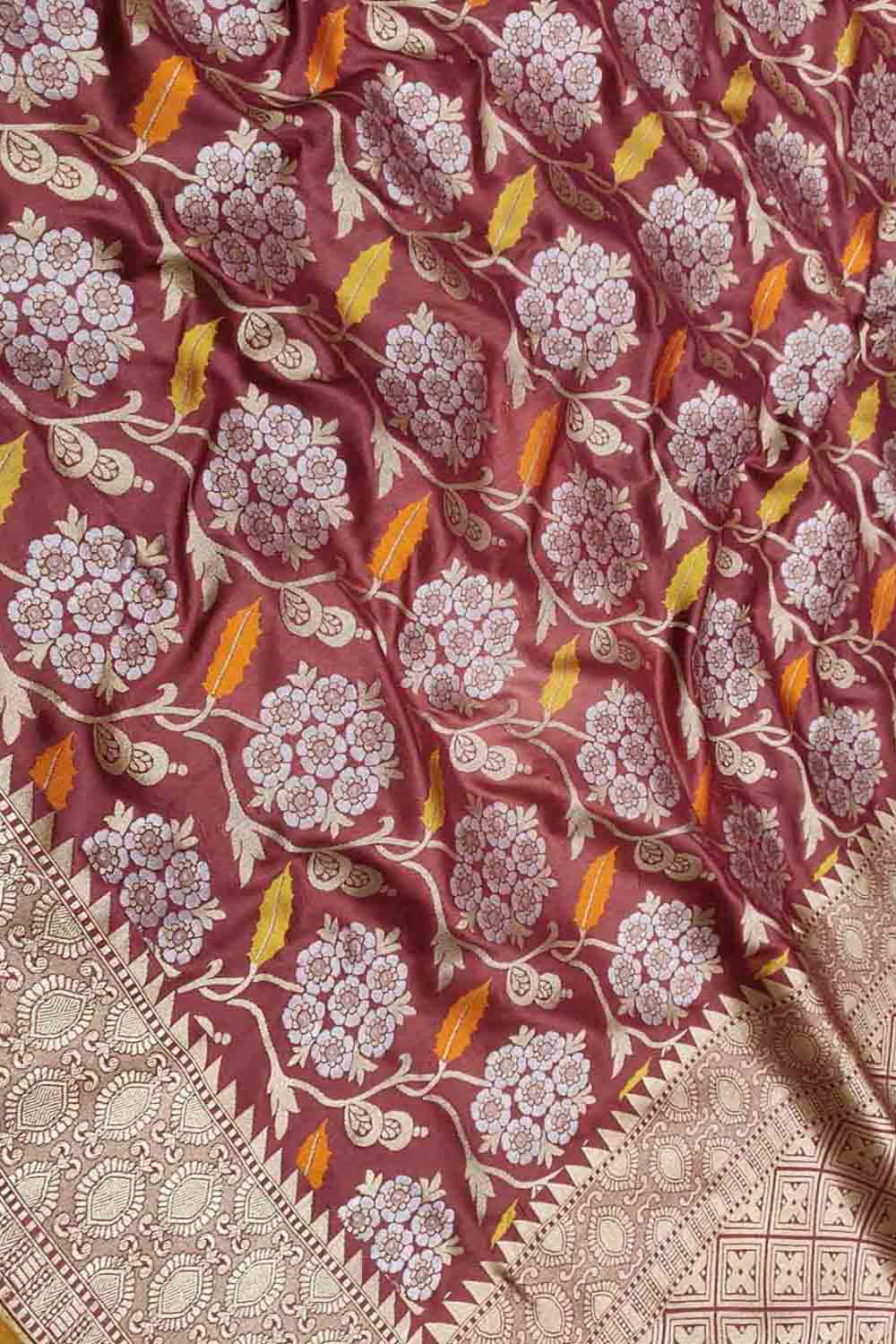 Maroon Handloom Banarasi Pure Katan Silk Leaf & Flower Design Saree - Luxurion World