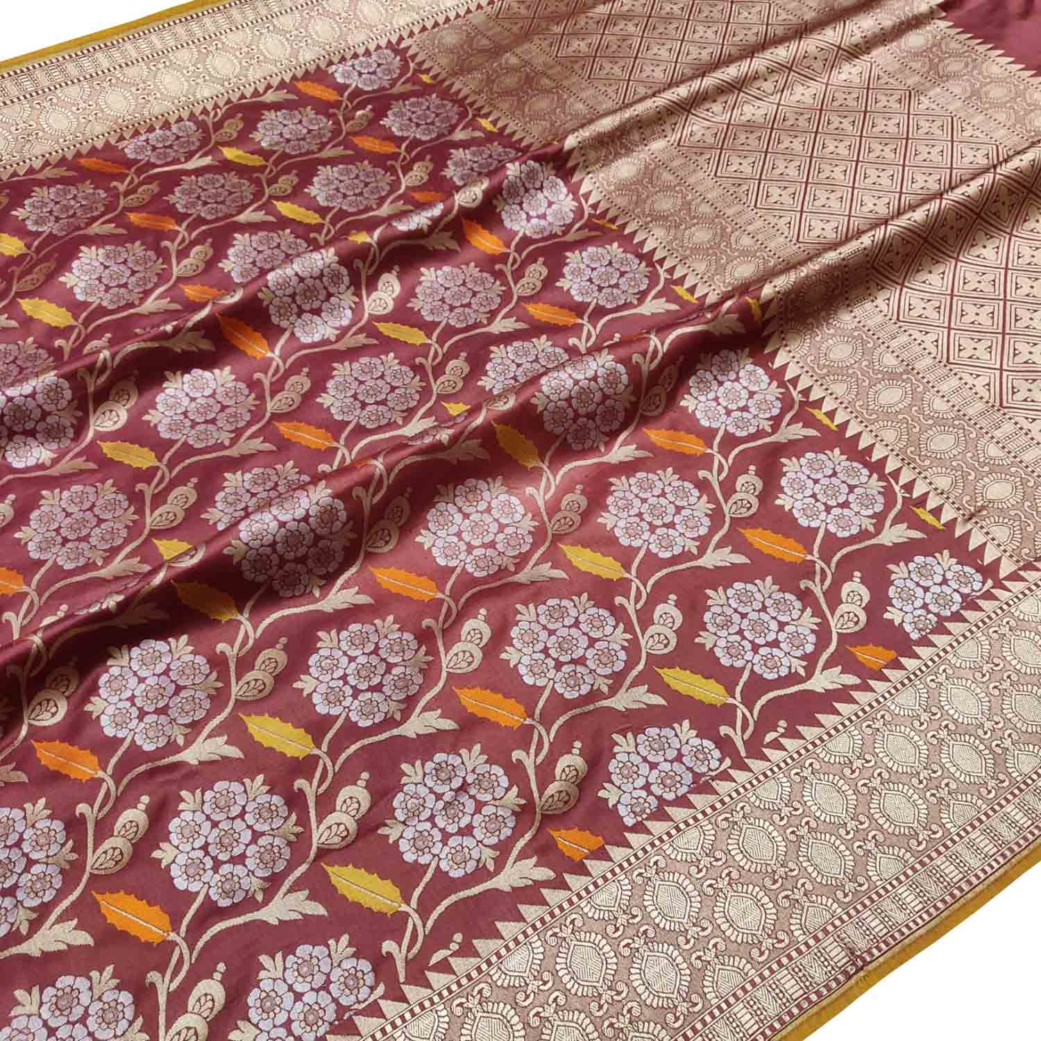 Maroon Handloom Banarasi Pure Katan Silk Leaf & Flower Design Saree - Luxurion World