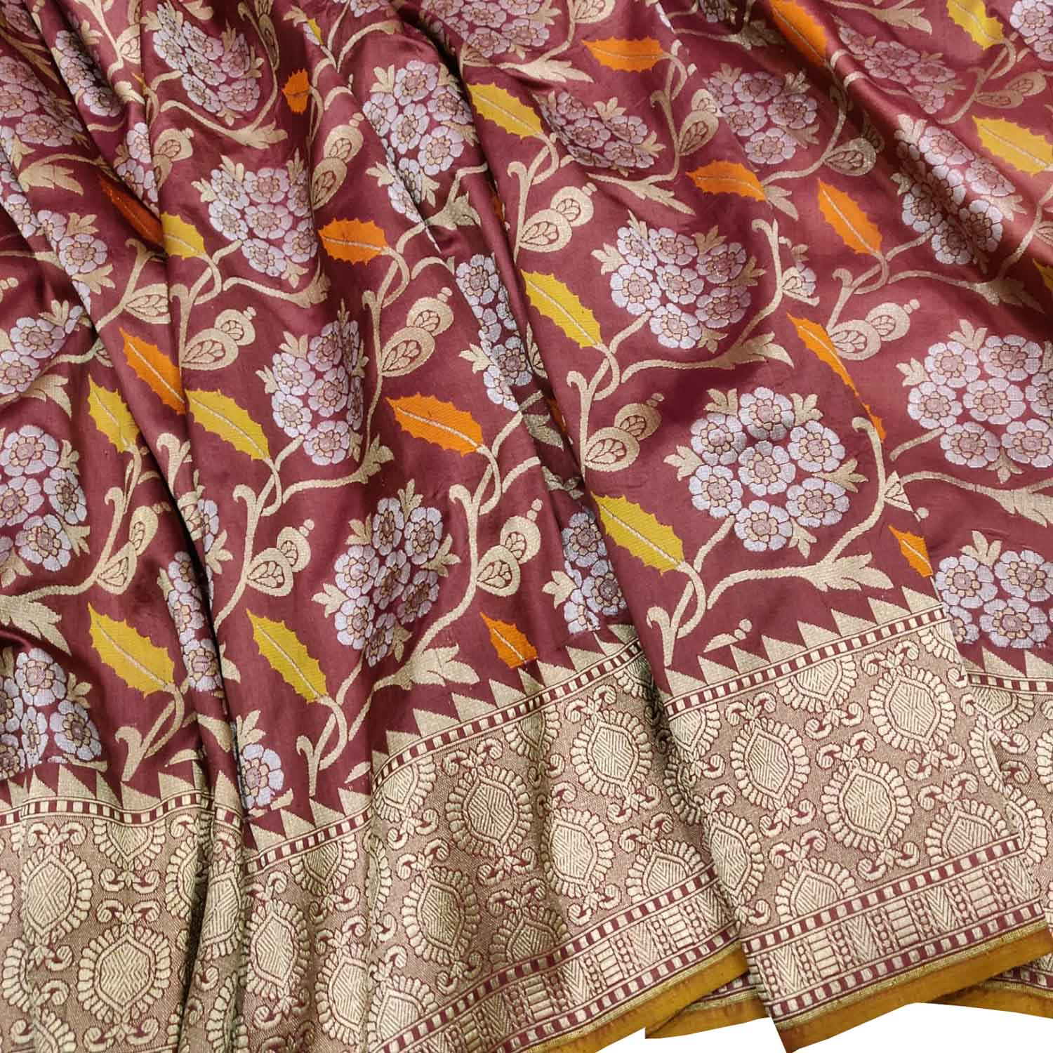 Maroon Handloom Banarasi Pure Katan Silk Leaf & Flower Design Saree - Luxurion World