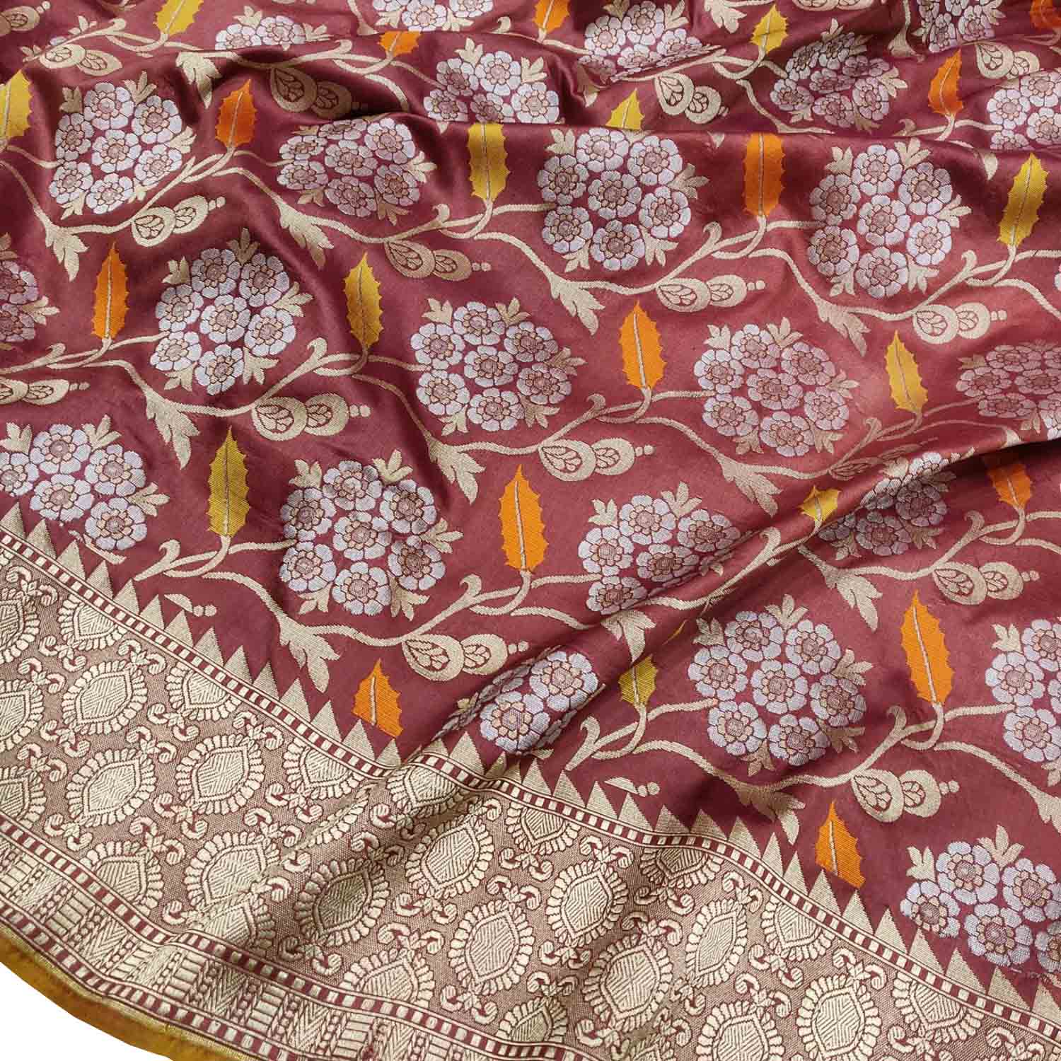 Maroon Handloom Banarasi Pure Katan Silk Leaf & Flower Design Saree - Luxurion World