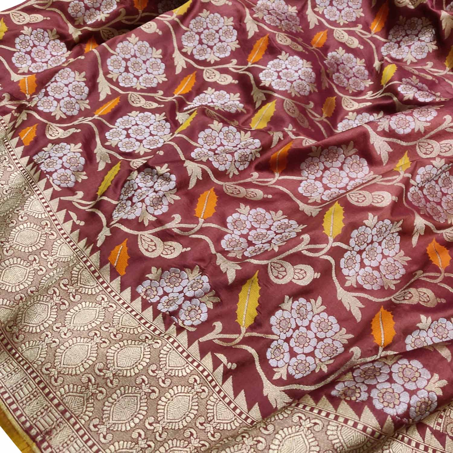Maroon Handloom Banarasi Pure Katan Silk Leaf & Flower Design Saree - Luxurion World