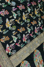 Black Handloom Banarasi Pure Katan Silk Flower Design Meenakari Saree - Luxurion World