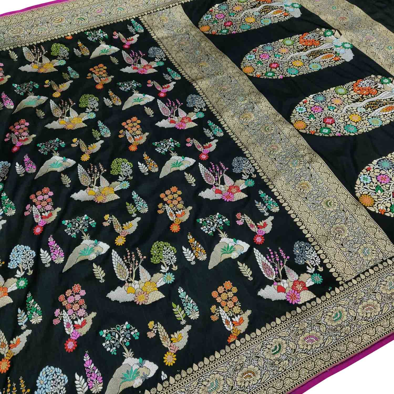 Black Handloom Banarasi Pure Katan Silk Flower Design Meenakari Saree - Luxurion World