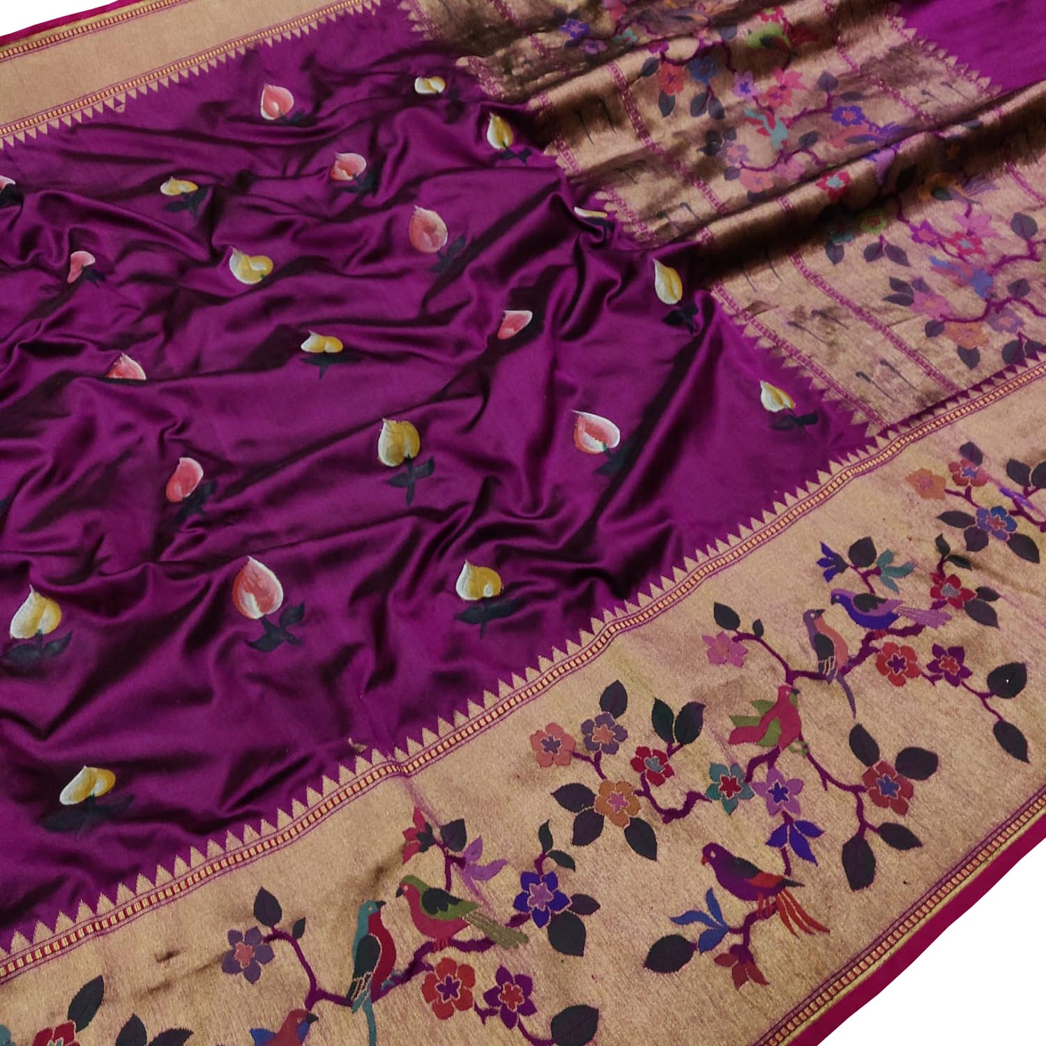 Purple Handloom Banarasi Pure Katan Silk Flower Design Saree - Luxurion World