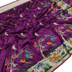 Purple Handloom Banarasi Pure Katan Silk Flower And Bird Design Saree - Luxurion World
