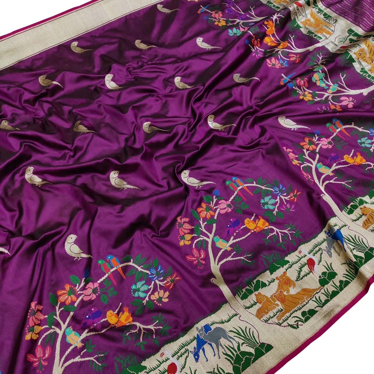Purple Handloom Banarasi Pure Katan Silk Flower And Bird Design Saree - Luxurion World