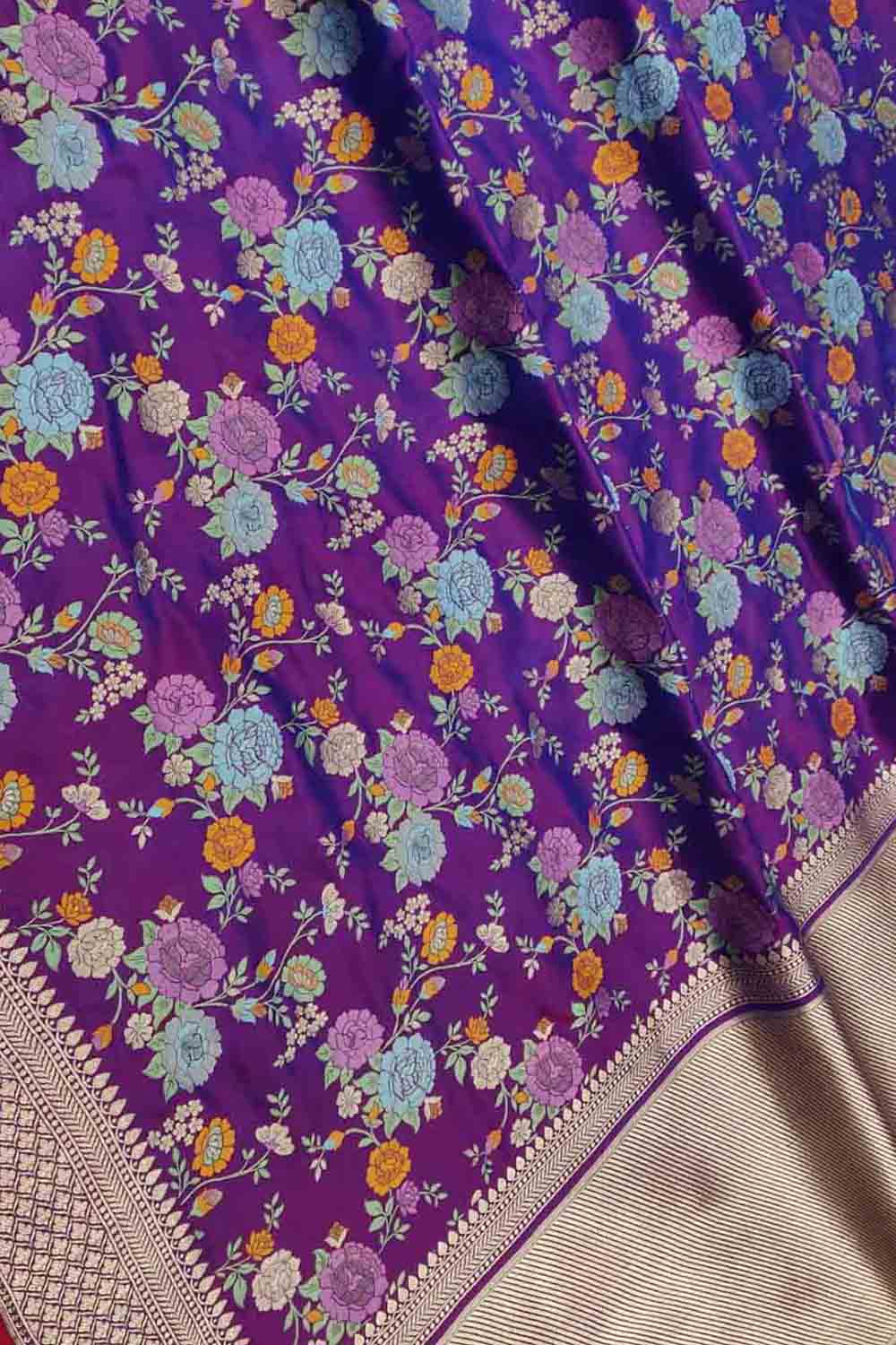 Purple Handloom Banarasi Pure Katan Silk Flower Design Meenakari Saree - Luxurion World