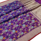 Purple Handloom Banarasi Pure Katan Silk Flower Design Meenakari Saree - Luxurion World
