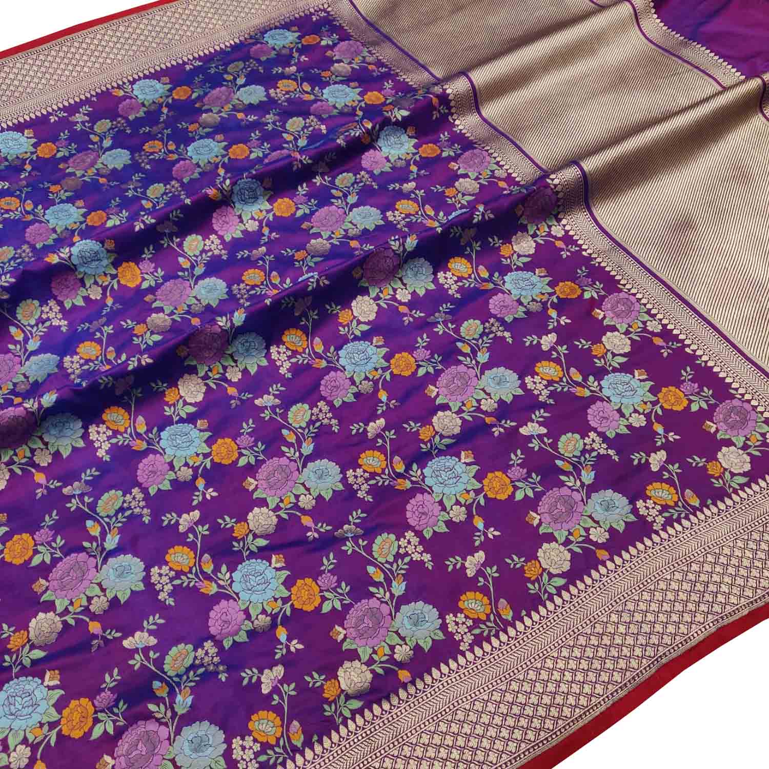 Purple Handloom Banarasi Pure Katan Silk Flower Design Meenakari Saree - Luxurion World