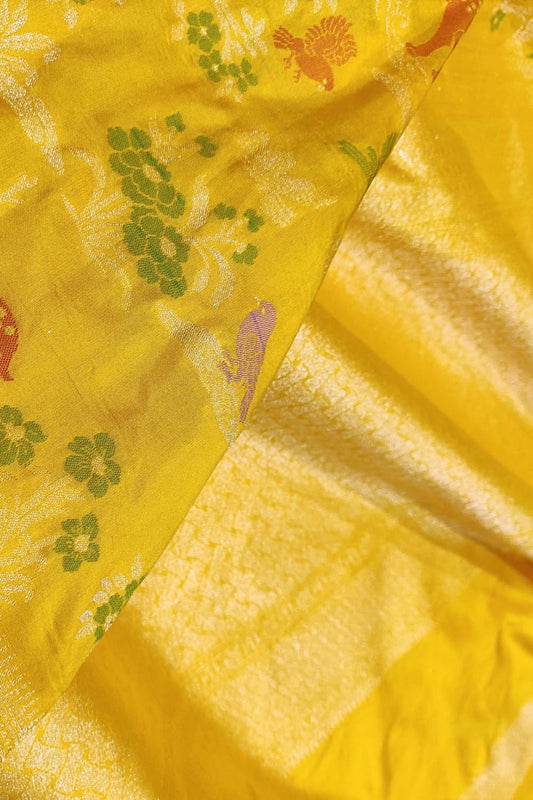 Yellow Handloom Banarasi Pure Katan Silk Animal And Flower Design Saree - Luxurion World